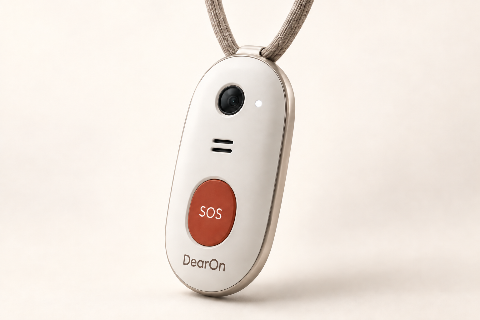 DearOn ivory wearable with a terracotta SOS button