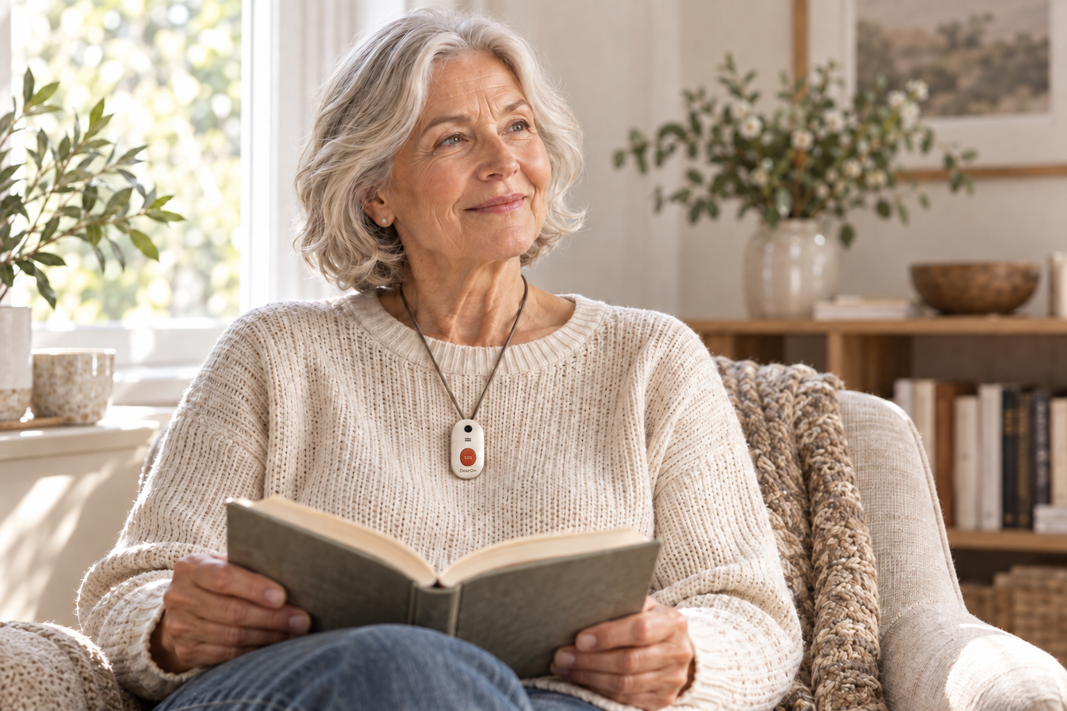 An older woman wearing DearOn while reading comfortably at home